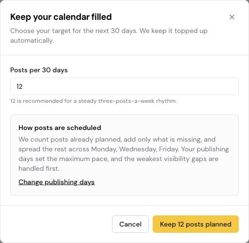EasyScale posting schedule settings with a target of 12 posts every 30 days