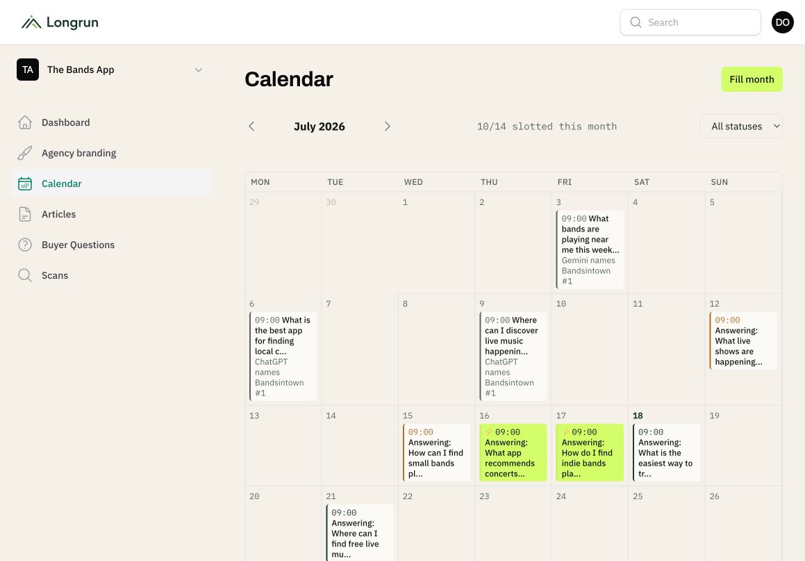 EasyScale publishing calendar for The Bands App showing scheduled content across the month