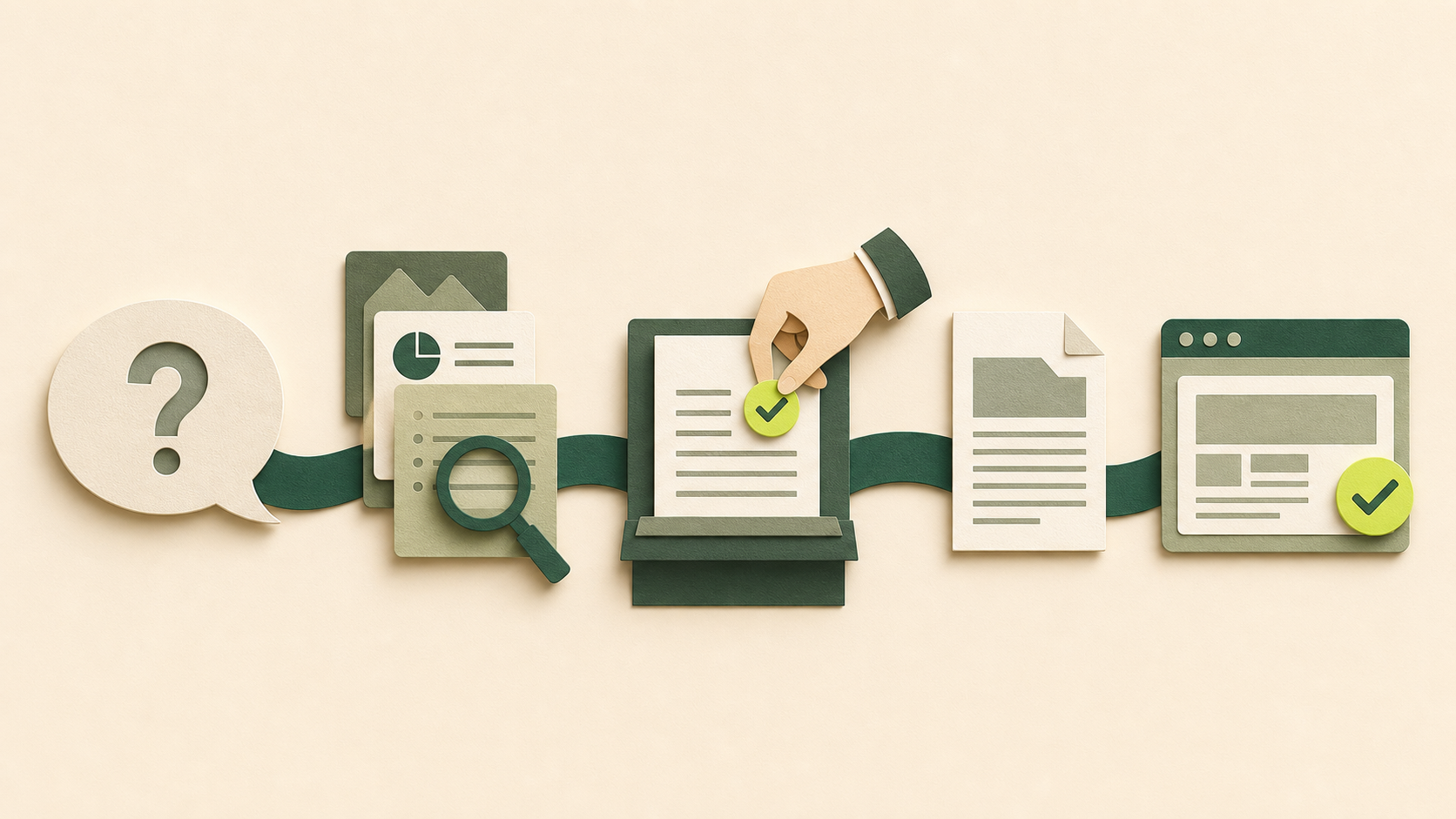 Paper-cut production line moving a buyer question through research, human approval, and publishing